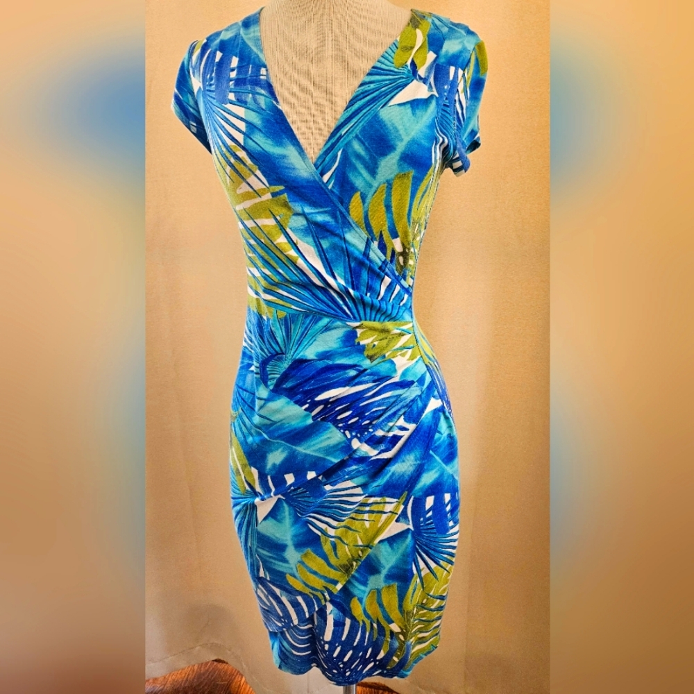 Cache, Tropical print, Curve Hugging, Form Fitting, Wrap Dress